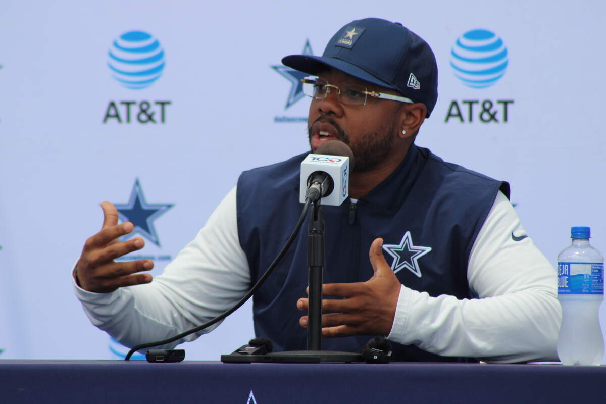 Dallas Cowboys defensive coordinator Christian Parker speaks at his press conference during training camp in Oxnard, Calif. on August 5, 2026.
